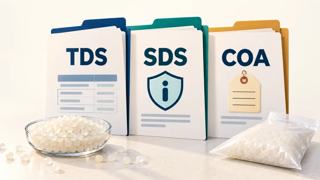 سه پوشه TDS، SDS و COA در کنار نمونه‌های گرانول و بسته مواد پلیمری